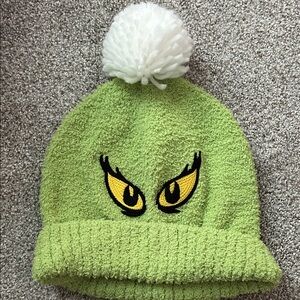 Green Pom-Pom Beanie with Yellow Grinch Eyes